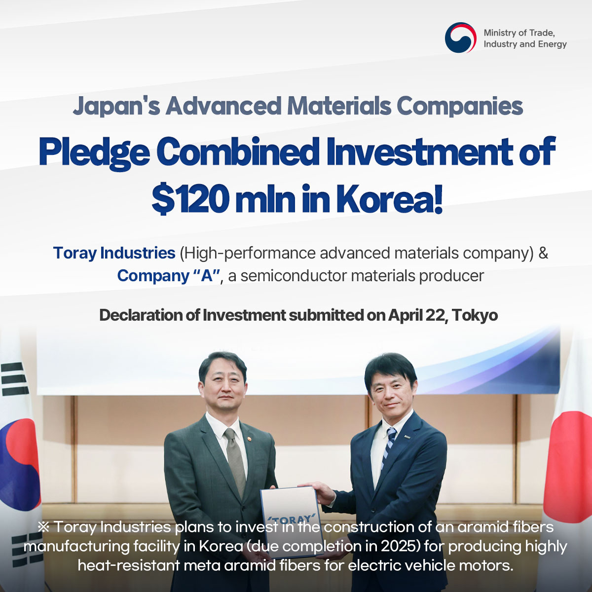 Japan's advanced materials companies pledge $120 mln investment in Korea
