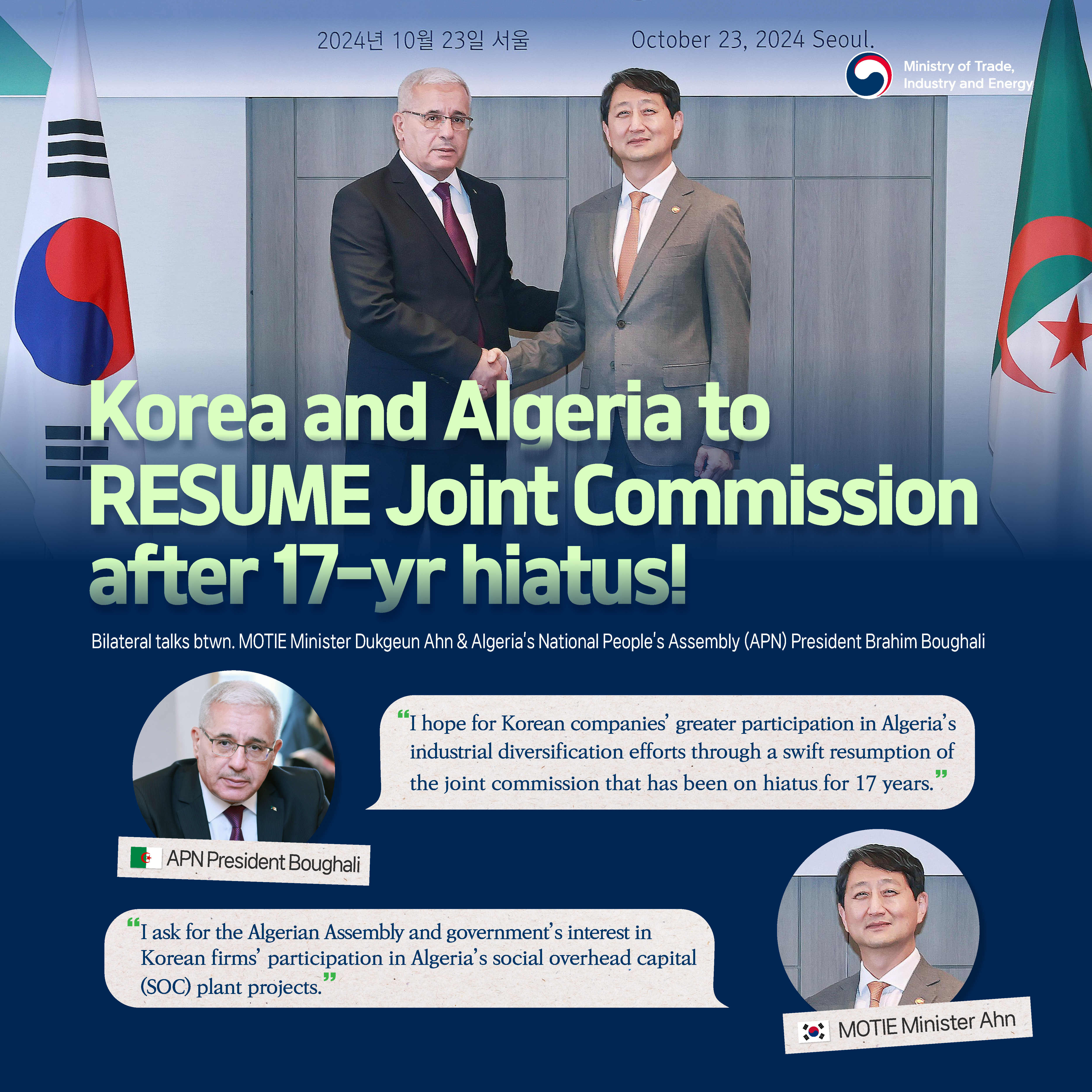 Korea and Algeria to
RESUME Joint Commission after 17-yr hiatus!

Bilateral talks btwn. MOTIE Minister Dukgeun Ahn & Algeria’s National People's Assembly (APN) President Brahim Boughali 

APN President Boughali 
“I hope for Korean companies’ greater participation in Algeria’s industrial diversification efforts through a swift resumption of the joint commission that has been on hiatus for 17 years.”
“I ask for the Algerian Assembly and government’s interest in Korean firms’ participation in Algeria’s social overhead capital (SOC) plant projects.”	MOTIE Minister Ahn 

