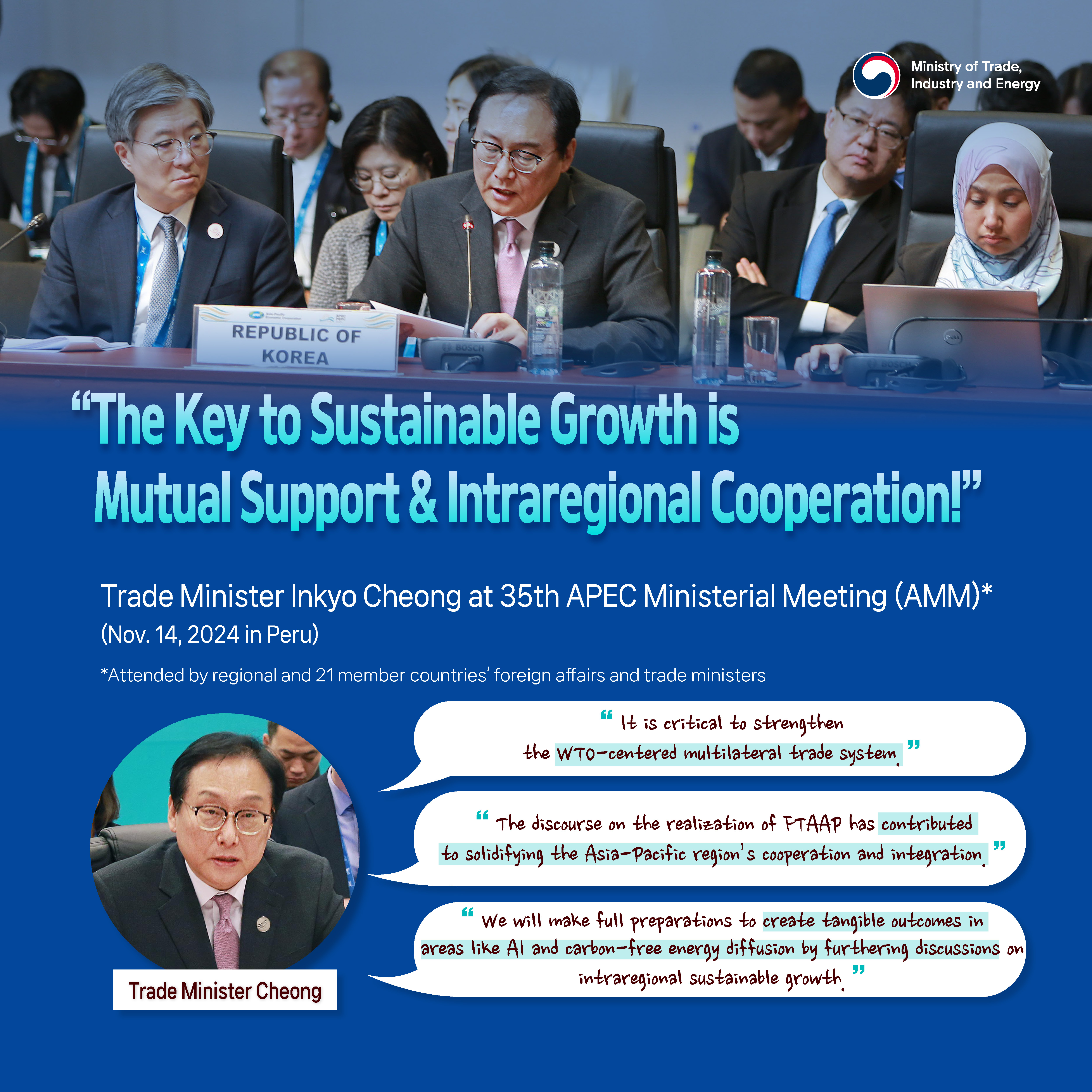 MOTIE
“The Key to Sustainable Growth is 
Mutual Support & Intraregional Cooperation!”
Trade Minister Inkyo Cheong at 35th APEC Ministerial Meeting (AMM)* 
(Nov. 14, 2024 in Peru)
* Attended by regional and 21 member countries’ foreign affairs and trade ministers

Trade Minister Cheong	“It is critical to strengthen the WTO-centered multilateral trade system.”
“The discourse on the realization of FTAAP has contributed to solidifying the Asia-Pacific region’s cooperation and integration.”
“We will make full preparations to create tangible outcomes in areas like AI and carbon-free energy diffusion by furthering discussions on intraregional sustainable growth.”
